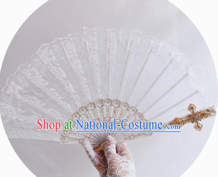 Handmade Retro Bridal Folding Fans Classical Fan Court Wedding White Lace Accordion