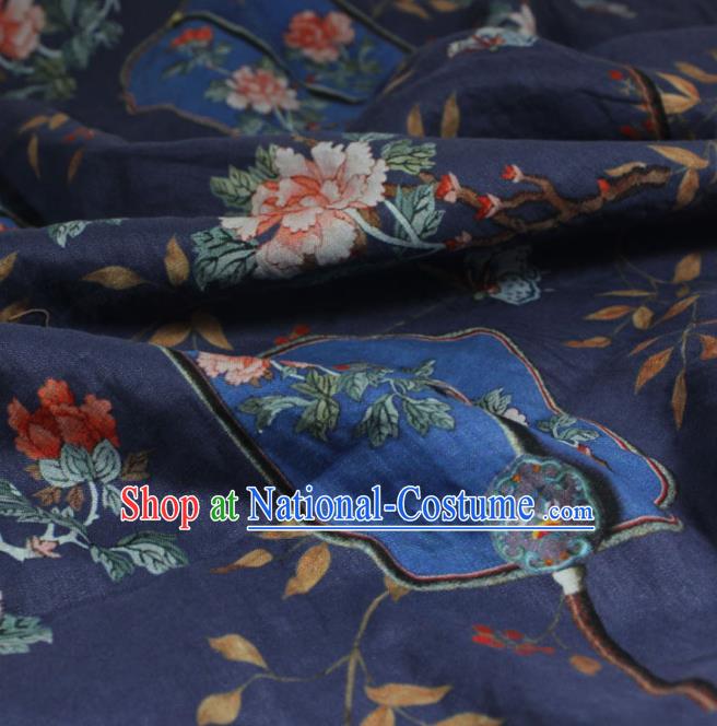 Chinese Printing Peony Fan Pattern Navy Flax Fabric Qipao Dress Cloth Traditional Asian Linen Drapery