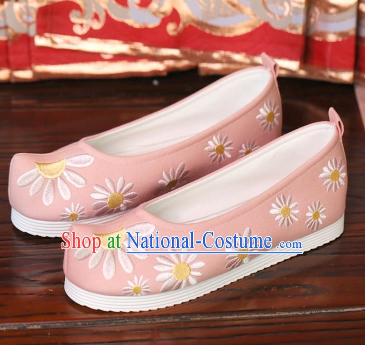 Handmade China Embroidered Daisy Shoes Princess Shoes Opera Shoes Pink Cloth Shoes