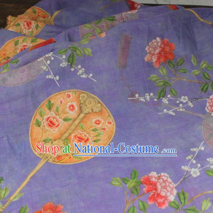 Chinese Printing Plum Peony Fan Pattern Lilac Flax Fabric Traditional Asian Linen Drapery Qipao Dress Cloth