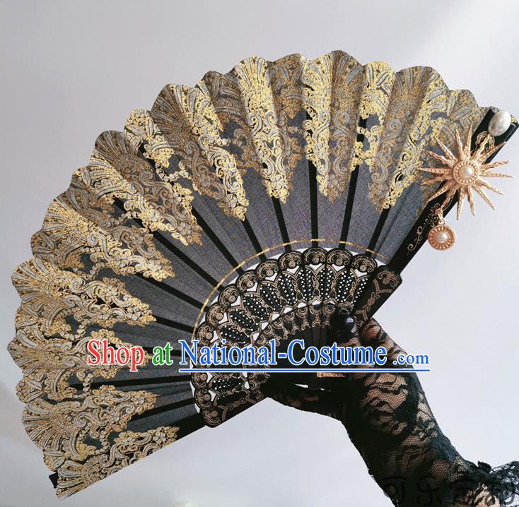 Classical Hexagram Court Fan Wedding Accordion Handmade Retro Black Lace Folding Fans