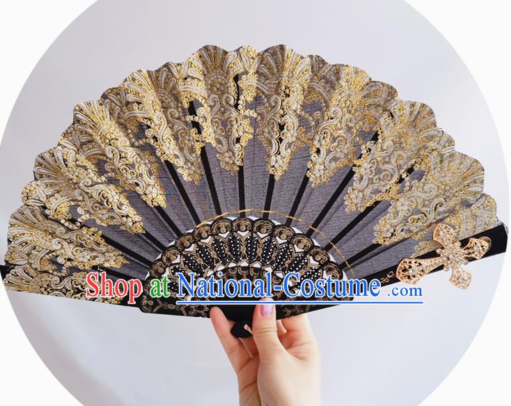 Classical Crucifix Fan Wedding Black Lace Accordion Handmade Retro Court Folding Fans