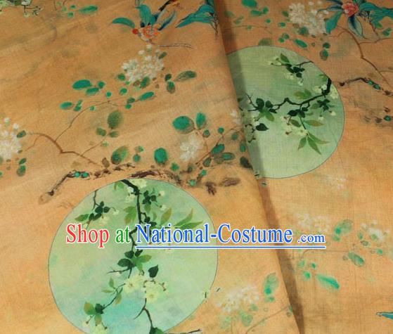 Chinese Printing Pear Blossom Pattern Flax Fabric Traditional Asian Linen Drapery Qipao Dress Cloth Yellow Ramine