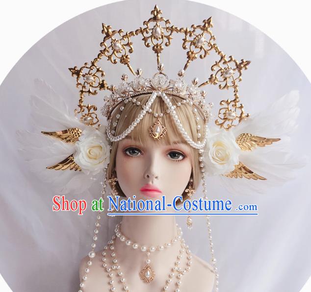 Halloween Stage Show Princess Headwear White Roses Aureole and Royal Crown Handmade Wedding Hair Accessories