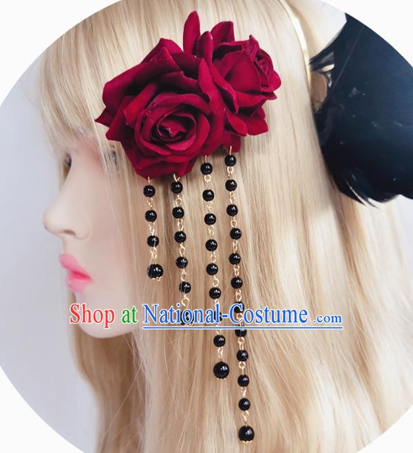 Handmade Gothic Red Rose Hair Stick Halloween Stage Show Headwear Tassel Hair Claw Hair Accessories