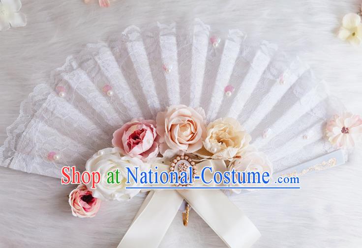 Classical Europe Court White Lace Fan Handmade Retro Folding Fans Rose Flowers Accordion