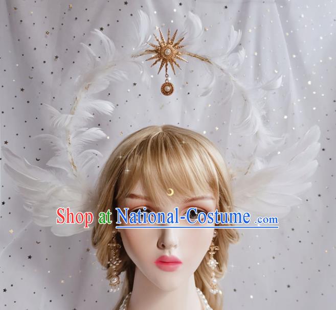 Handmade White Feather Hair Clasp Halloween Stage Show Hair Accessories Cosplay Goddess Royal Crown