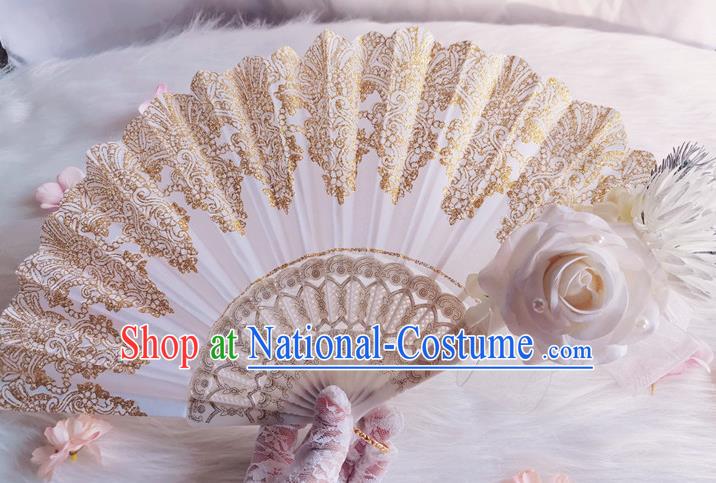 Classical White Rose Flower Fan Handmade Retro Folding Fans Europe Court Accordion