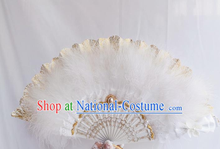 Classical Europe Court Fan Handmade Retro Folding Fans White Feather Accordion