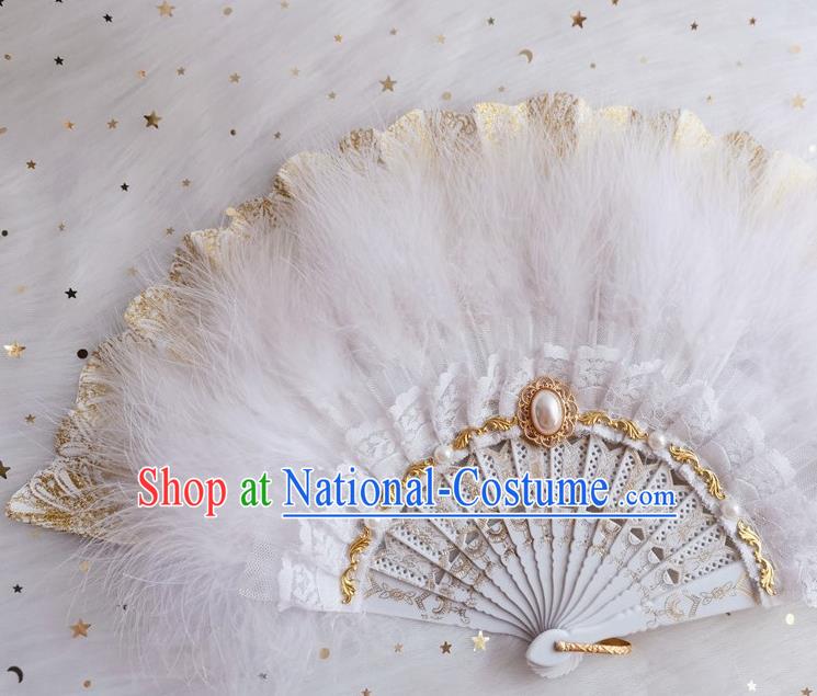 Classical Europe Court Fan Handmade Retro Folding Fans White Feather Accordion