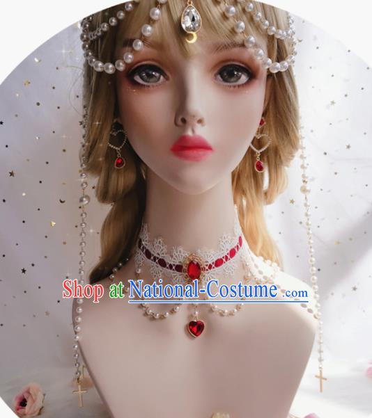 Top Renaissance Red Silk Necklet Europe Court Princess Necklace Halloween Cosplay Stage Show Lace Accessories