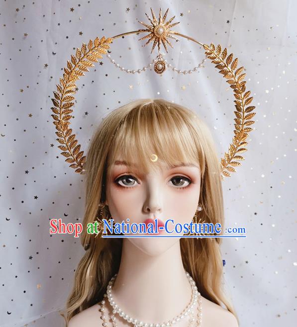 Handmade Golden Leaf Royal Crown Halloween Stage Show Hair Accessories Cosplay Goddess Aureole Hair Clasp