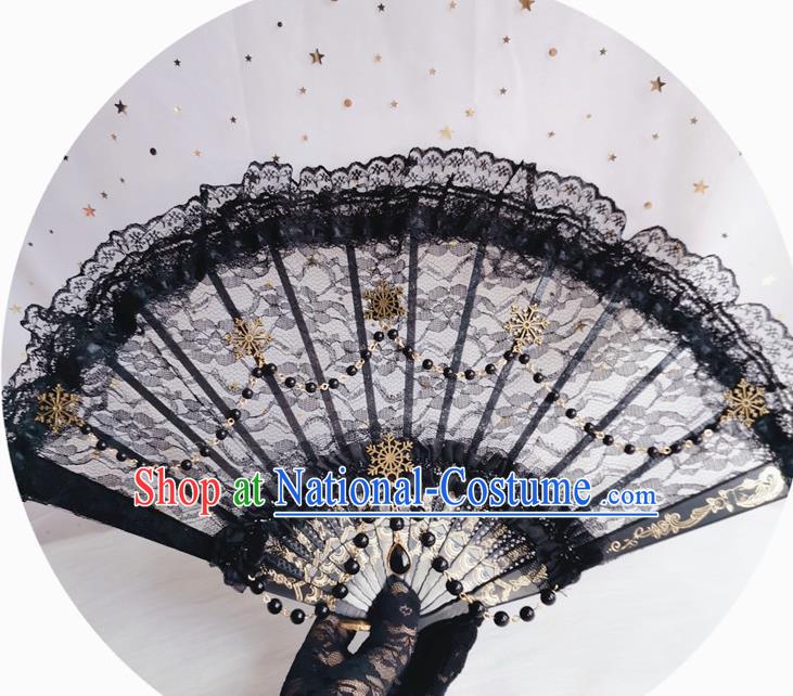 Classical Gothic Black Lace Fan Handmade Dance Folding Fans Europe Court Retro Black Lace Accordion