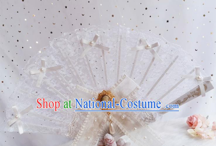 Classical Retro White Lace Fan Handmade Dance Folding Fans Europe Court Princess Bowknot Accordion