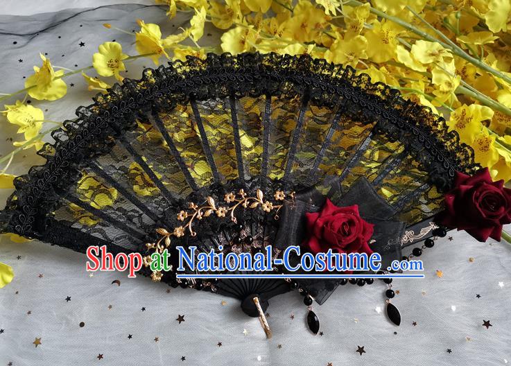 Classical Europe Court Retro Black Lace Fan Handmade Dance Folding Fans Gothic Red Rose Accordion