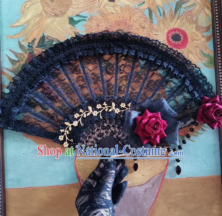 Classical Europe Court Retro Black Lace Fan Handmade Dance Folding Fans Gothic Red Rose Accordion