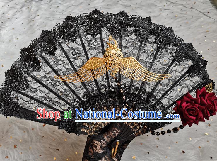 Classical Golden Phoenix Fan Handmade Europe Court Dance Folding Fans Gothic Black Lace Accordion