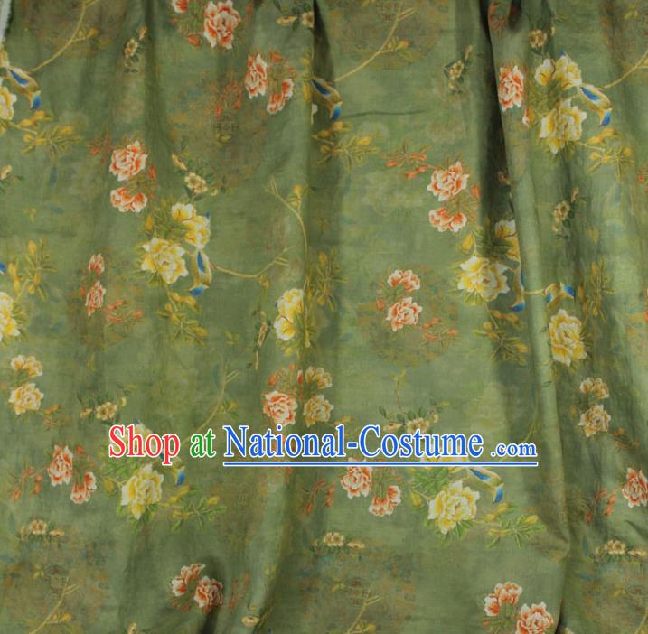 Chinese Linen Drapery Asian Qipao Dress Cloth Traditional Printing Peony Pattern Light Green Flax Fabric