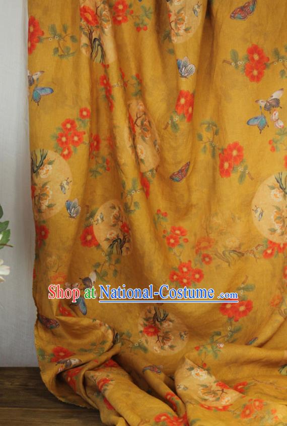 Asian Qipao Dress Cloth Chinese Traditional Printing Peony Birds Pattern Yellow Flax Fabric Linen Drapery