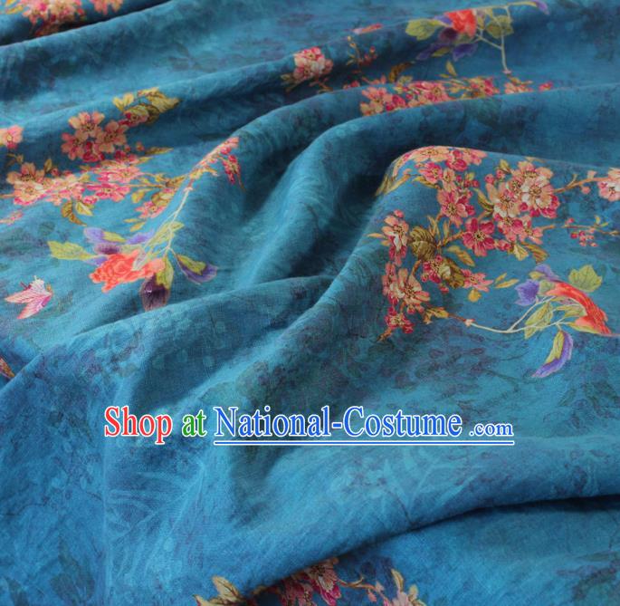 Asian Flax Fabric Qipao Dress Cloth Chinese Traditional Printing Begonia Pattern Blue Linen Drapery