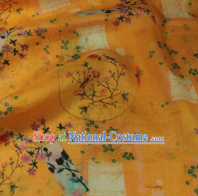 Asian Traditional Yellow Ramine Qipao Dress Cloth Linen Drapery Chinese Printing Flowers Vase Pattern Flax Fabric