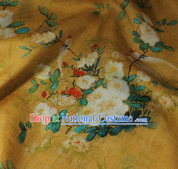 Chinese Printing Rose Flowers Pattern Yellow Ramine Qipao Dress Cloth Flax Fabric Asian Traditional Linen Drapery