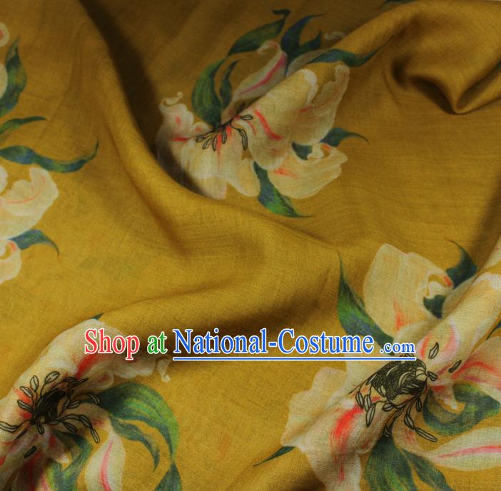 Chinese Printing Lily Flowers Pattern Qipao Dress Flax Cloth Asian Traditional Linen Drapery Yellow Ramine Fabric