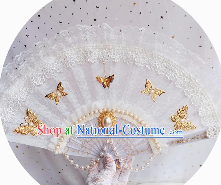 Classical Golden Butterfly Fan Handmade Retro White Lace Folding Fans Europe Court Pearls Accordion