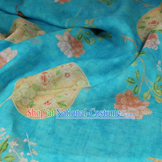 Chinese Printing Peony Pattern Blue Ramine Fabric Asian Traditional Linen Drapery Qipao Dress Flax Cloth