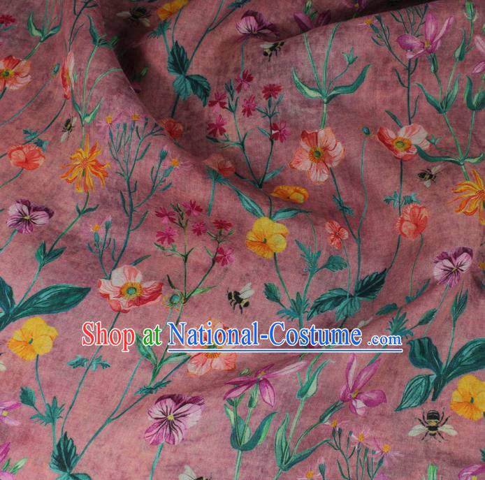 Asian Chinese Traditional Linen Drapery Qipao Dress Flax Cloth Printing Flowers Pattern Magenta Ramine Fabric