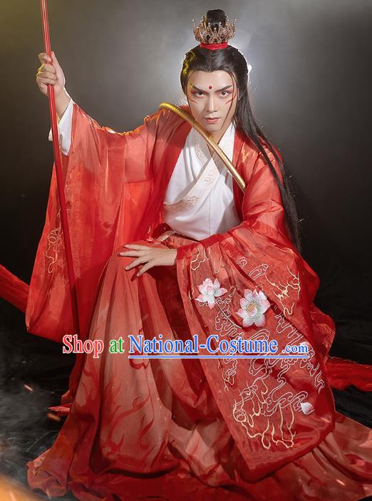 China Traditional Cosplay Ne Zha Hanfu Apparels Ancient Swordsman Costumes Red Cape Shirt and Skirt Full Set