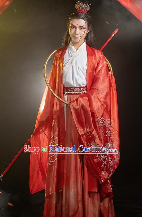 China Traditional Cosplay Ne Zha Hanfu Apparels Ancient Swordsman Costumes Red Cape Shirt and Skirt Full Set