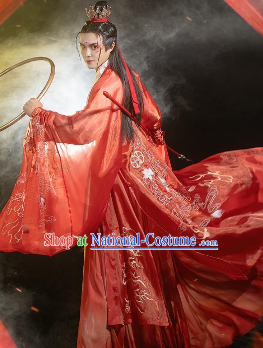 China Traditional Cosplay Ne Zha Hanfu Apparels Ancient Swordsman Costumes Red Cape Shirt and Skirt Full Set