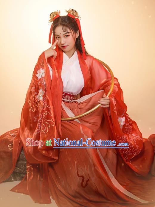 China Traditional Cosplay Ne Zha Hanfu Apparels Ancient Swordsman Costumes Red Cape Shirt and Skirt Full Set