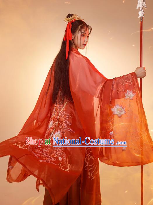 China Traditional Cosplay Ne Zha Hanfu Apparels Ancient Swordsman Costumes Red Cape Shirt and Skirt Full Set