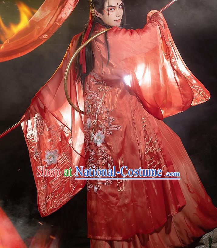 China Traditional Cosplay Ne Zha Hanfu Apparels Ancient Swordsman Costumes Red Cape Shirt and Skirt Full Set