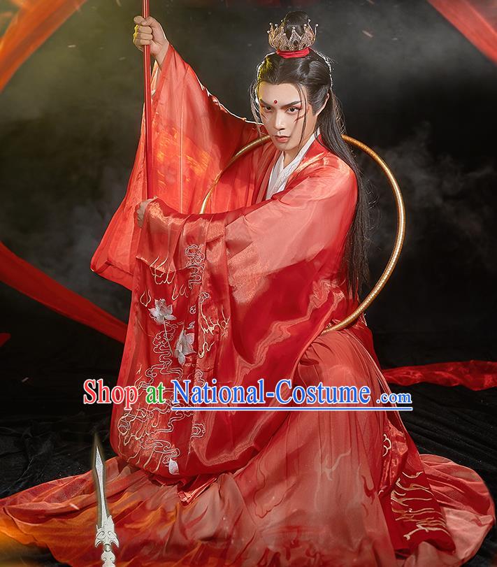 China Traditional Cosplay Ne Zha Hanfu Apparels Ancient Swordsman Costumes Red Cape Shirt and Skirt Full Set