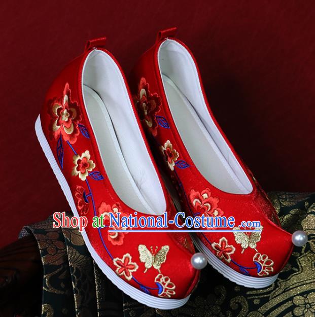 China Red Cloth Hanfu Shoes Embroidered Shoes Tang Dynasty Princess Shoes Handmade Wedding Shoes