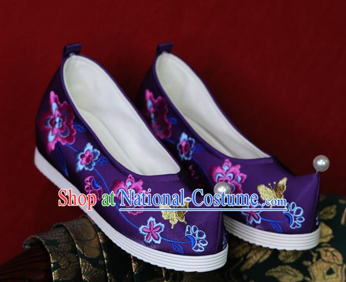 China Embroidered Shoes Tang Dynasty Princess Shoes Handmade Wedding Shoes Purple Cloth Hanfu Shoes