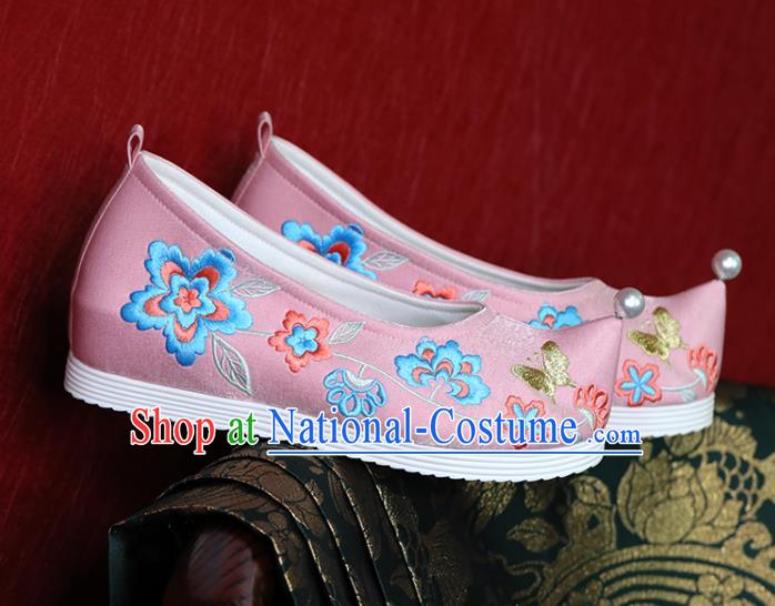 China Tang Dynasty Princess Shoes Handmade Wedding Shoes Pink Cloth Hanfu Shoes Embroidered Shoes