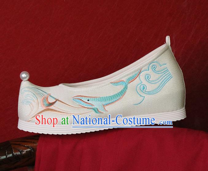 China Hanfu Shoes Embroidered Whale Shoes Princess Shoes Handmade Bow Shoes White Cloth Shoes