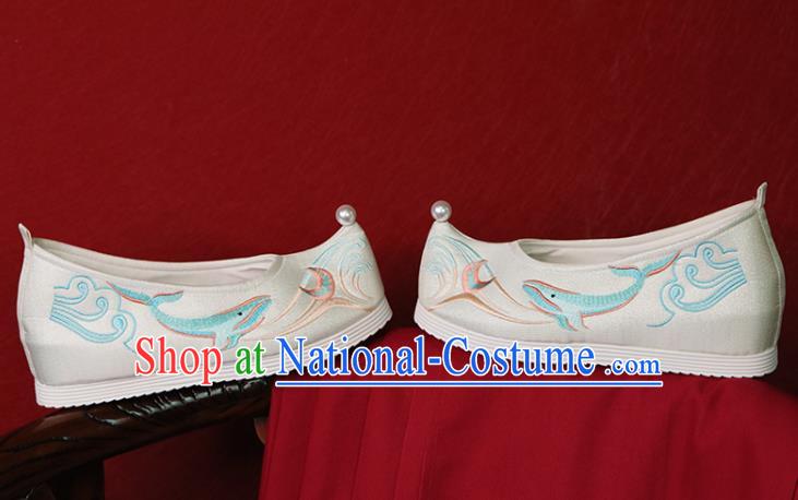 China Hanfu Shoes Embroidered Whale Shoes Princess Shoes Handmade Bow Shoes White Cloth Shoes