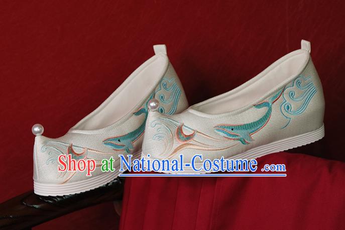 China Hanfu Shoes Embroidered Whale Shoes Princess Shoes Handmade Bow Shoes White Cloth Shoes