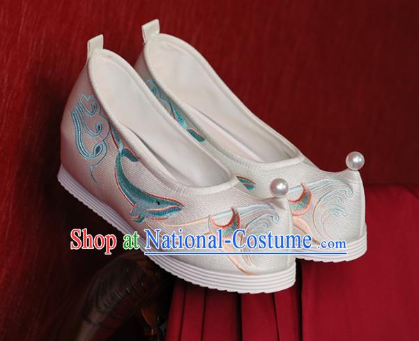 China Hanfu Shoes Embroidered Whale Shoes Princess Shoes Handmade Bow Shoes White Cloth Shoes