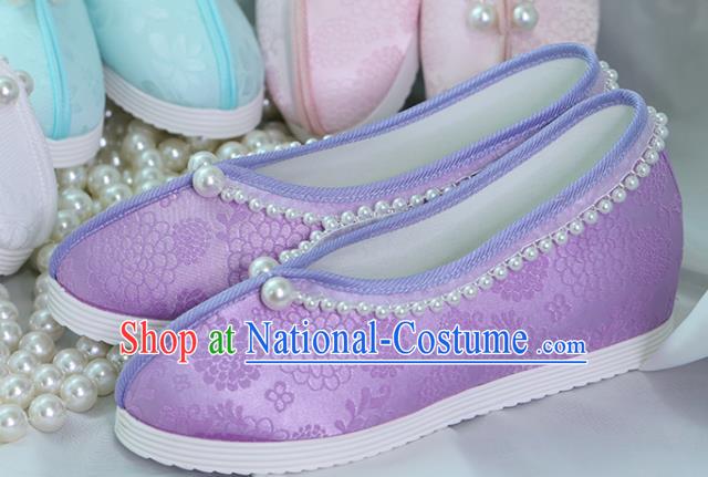 China Women Shoes Handmade Shoes Purple Satin Shoes Hanfu Pearls Shoes Princess Shoes