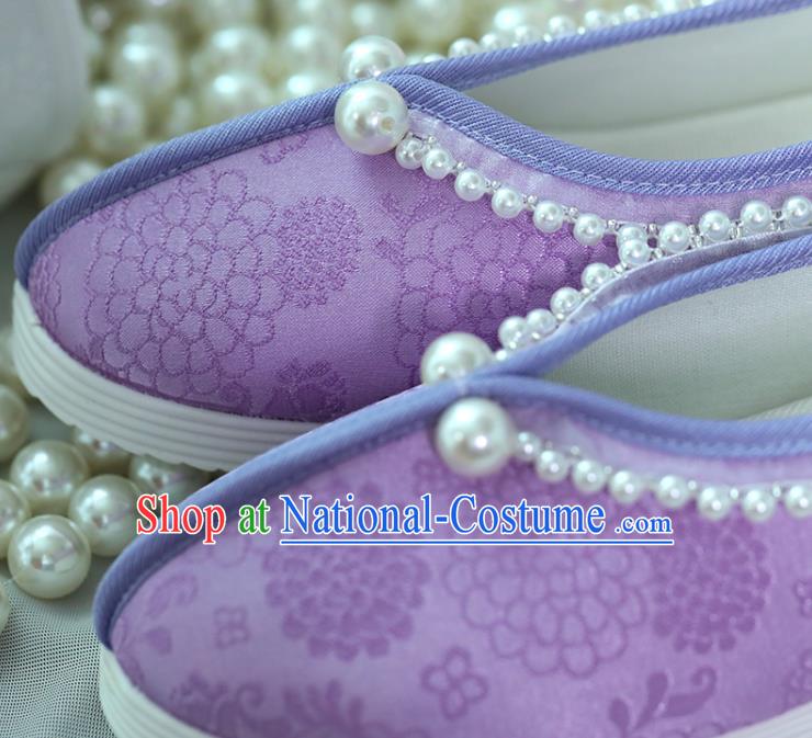 China Women Shoes Handmade Shoes Purple Satin Shoes Hanfu Pearls Shoes Princess Shoes