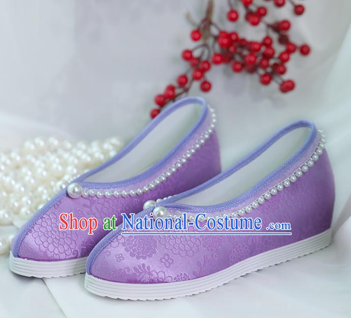 China Women Shoes Handmade Shoes Purple Satin Shoes Hanfu Pearls Shoes Princess Shoes