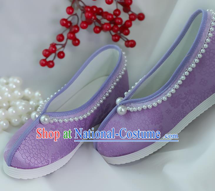 China Women Shoes Handmade Shoes Purple Satin Shoes Hanfu Pearls Shoes Princess Shoes