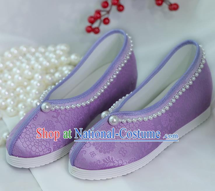 China Women Shoes Handmade Shoes Purple Satin Shoes Hanfu Pearls Shoes Princess Shoes