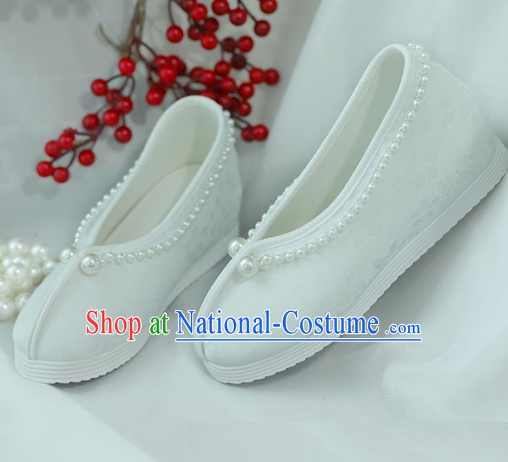 China Goddess Shoes Handmade Shoes White Satin Shoes Princess Shoes Hanfu Pearls Shoes